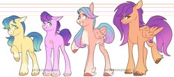 Size: 1280x566 | Tagged: safe, artist:primrosepaper, oc, oc only, oc:darling petals, oc:honey blossom, oc:jazz, oc:swift justice, species:earth pony, species:pegasus, species:pony, g5, coat markings, colored hooves, cute, earth pony oc, facial markings, feathered fetlocks, female, g5 oc, grin, group, hooves, male, mare, ocbetes, offspring, pale belly, parent:hitch trailblazer, parent:pipp petals, parents:hitchpipp, pegasus oc, quartet, siblings, simple background, smiling, snip (coat marking), socks (coat marking), stallion, unshorn fetlocks, white background