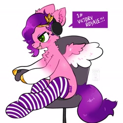 Size: 2048x2046 | Tagged: safe, artist:spookyfoxinc, character:pipp petals, species:pegasus, species:pony, g5, my little pony: a new generation, chair, chest fluff, circlet, clothing, coat markings, colored hooves, ear fluff, female, gamer, headphones, hooves, jewelry, mare, open mouth, pipp wings, profile, socks, socks (coat marking), solo, spread wings, striped socks, tiara, wings