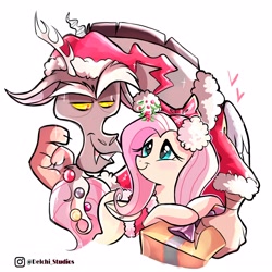 Size: 3000x3000 | Tagged: safe, artist:naquelinedelch2, character:discord, character:fluttershy, species:draconequus, species:pegasus, species:pony, g4, bell, blushing, bow, christmas, clothing, costume, duo, duo male and female, eyebrows, female, folded wings, grin, happy, hat, high res, holiday, looking at each other, looking at someone, male, mare, mistleholly, present, santa hat, signature, simple background, smiling, smiling at each other, white background, wings