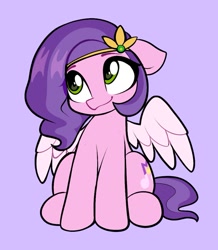 Size: 949x1087 | Tagged: safe, artist:moozua, part of a set, character:pipp petals, species:pegasus, species:pony, g5, adorapipp, backwards cutie mark, circlet, colored eyebrows, cute, cutie mark, eyebrows, female, floppy ears, jewelry, looking up, mare, pipp wings, purple background, simple background, smiling, solo, tiara