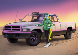 Size: 2283x1614 | Tagged: safe, artist:apocheck13, oc, oc only, species:anthro, species:earth pony, species:plantigrade anthro, species:pony, baseball cap, beach, cap, clothing, commission, explicit source, female, grin, hand, hand on hip, hat, hips, looking at you, mare, outdoors, pants, pickup truck, shirt, shoes, smiling, sneakers, solo, sunset, tail