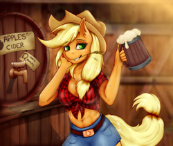 Size: 1282x1080 | Tagged: safe, artist:shamziwhite, character:applejack, species:anthro, species:earth pony, g4, belly button, belt, blonde hair, blonde mane, blonde tail, breasts, cleavage, clothing, cowboy hat, denim shorts, drink, ear fluff, eyebrows, eyebrows visible through hair, female, fluffy, freckles, fur, green eyes, hair, hair accessory, hat, mammal, mane, mare, midriff, orange fur, shirt, shorts, skirt, smiling, solo, sweat, tail, teeth, topwear
