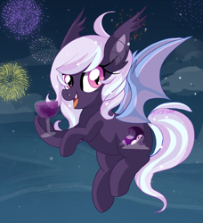 Size: 2327x2552 | Tagged: safe, artist:spookyle, oc, oc only, oc:spectra, species:bat pony, species:pony, g4, alcohol, bat pony oc, bat wings, drink, female, fireworks, glass, happy new year 2023, holiday, hoof hold, looking at you, mare, new year, night, night sky, open mouth, open smile, signature, sky, smiling, smiling at you, solo, three quarter view, wine, wine glass, wings