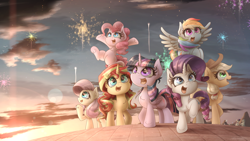Size: 3844x2162 | Tagged: safe, artist:phoenixrk49, character:applejack, character:bon bon, character:derpy hooves, character:fluttershy, character:lyra heartstrings, character:pinkie pie, character:rainbow dash, character:rarity, character:sunset shimmer, character:sweetie drops, character:twilight sparkle, character:twilight sparkle (alicorn), species:alicorn, species:earth pony, species:pegasus, species:pony, species:unicorn, g4, my little pony:equestria girls, chest fluff, cute, dashabetes, diapinkes, ear fluff, female, fireworks, happy new year 2022, high res, jackabetes, mane six, mare, open mouth, open smile, raribetes, shimmerbetes, shyabetes, smiling, twiabetes