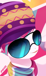 Size: 1897x3109 | Tagged: safe, artist:maren, character:zipp storm, species:pegasus, species:pony, g5, abstract background, clothing, cutie mark, cutie mark background, female, hat, looking at you, mare, open mouth, scarf, signature, solo, sunglasses