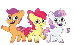 Size: 1950x1200 | Tagged: safe, artist:prixy05, derpibooru original, character:apple bloom, character:scootaloo, character:sweetie belle, species:earth pony, species:pegasus, species:pony, species:unicorn, g4, g5, my little pony: tell your tale, apple family member, coat markings, colored hooves, cutie mark crusaders, female, filly, g4 to g5, generation leap, hooves, raised hoof, simple background, socks (coat marking), transparent background, underhoof, unshorn fetlocks, young