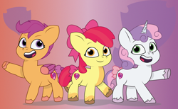 Size: 1950x1200 | Tagged: safe, alternate version, artist:prixy05, character:apple bloom, character:scootaloo, character:sweetie belle, species:earth pony, species:pegasus, species:pony, species:unicorn, g4, g5, my little pony: tell your tale, apple family member, coat markings, colored hooves, cutie mark crusaders, female, filly, g4 to g5, generation leap, hooves, raised hoof, simple background, socks (coat marking), transparent background, underhoof, unshorn fetlocks, young