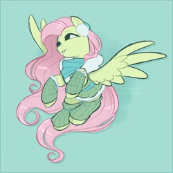 Size: 2400x2400 | Tagged: safe, artist:syrupyyy, character:fluttershy, species:pegasus, species:pony, g4, blue background, clothing, drop shadow, earmuffs, female, flying, green background, head turned, high res, leg warmers, looking away, mare, no pupils, scarf, simple background, solo, spread wings, wings, winter outfit