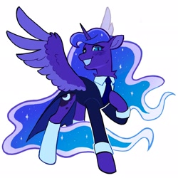 Size: 2047x2048 | Tagged: safe, artist:draw3, character:princess luna, species:alicorn, species:pony, g4, clothing, colored wings, cute, ethereal mane, female, galaxy mane, grin, looking at you, lunabetes, mare, multicolored wings, necktie, simple background, smiling, smiling at you, socks, solo, spread wings, starry tail, suit, tail, tailcoat, three quarter view, two toned wings, white background, wings