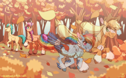 Size: 2400x1500 | Tagged: safe, artist:inuhoshi-to-darkpen, character:applejack, character:hitch trailblazer, character:rainbow dash, character:sunny starscout, species:earth pony, species:pegasus, species:pony, episode:fall weather friends, g4, g5, my little pony: friendship is magic, applejack's hat, autumn, blaze (coat marking), cheek fluff, chest fluff, clothing, coat markings, colored hooves, confident, cowboy hat, ear fluff, eyebrows, eyebrows visible through hair, facial markings, feathered fetlocks, female, fluffy, g4 to g5, generation leap, grin, hat, hoof fluff, hooves, illusion, leaf, leaves, leg fluff, looking at each other, looking at someone, looking back, male, mare, open mouth, profile, raised hoof, running, signature, smiling, socks (coat marking), stallion, stetson, tail, tail feathers, three quarter view, tree, unshorn fetlocks, wing fluff, wings