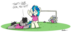 Size: 1024x463 | Tagged: safe, artist:bobthedalek, character:derpy hooves, character:dj pon-3, character:octavia melody, character:vinyl scratch, species:earth pony, species:pegasus, species:pony, species:unicorn, newbie artist training grounds, g4, atg 2022, bipedal, clothing, dizzy, epic fail, fail, female, football, goal, knocked out, mare, messy mane, own goal, pain star, shirt, sports, sudden realization, swirly eyes, tail, tail pull, this did not end well, you had one job