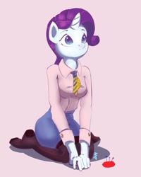 Size: 889x1114 | Tagged: safe, artist:drafthoof, character:rarity, species:anthro, species:plantigrade anthro, species:unicorn, g4, clothing, colored eyebrows, eyebrows, female, kneeling, looking up, mare, necktie, pantyhose, pink background, shirt, simple background, skirt, socks, solo, stockings, thigh highs, three quarter view