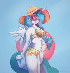 Size: 1300x1355 | Tagged: safe, artist:drafthoof, character:princess celestia, species:alicorn, species:anthro, g4, beach, bikini, blue background, breasts, cleavage, clothing, female, gradient background, hair over one eye, hat, inflatable, inflatable toy, inner tube, looking at you, mare, open mouth, outdoors, pool toy, signature, simple background, solo, spread wings, sun hat, swimsuit, three quarter view, toy, underwear, wings