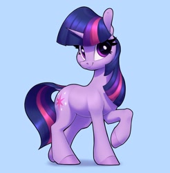 Size: 3160x3210 | Tagged: safe, artist:aquaticvibes, character:twilight sparkle, character:twilight sparkle (unicorn), species:pony, species:unicorn, g4, blue background, cutie mark, eyelashes, female, hooves, horn, looking at you, mare, one hoof raised, simple background, smiling, solo