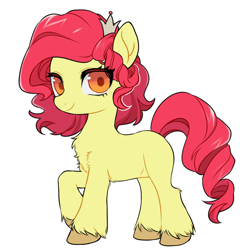 Size: 1024x1024 | Tagged: safe, artist:lawillowsea, character:apple bloom, species:earth pony, species:pony, g4, alternate hairstyle, alternate universe, apple family member, chest fluff, colored hooves, colored pupils, eye clipping through hair, female, filly, fluffy, foal, hairpin, hooves, leg fluff, looking at you, raised hoof, simple background, smiling, smiling at you, solo, three quarter view, unshorn fetlocks, white background, young