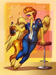 Size: 3000x4000 | Tagged: safe, artist:lupiarts, character:spitfire, species:anthro, species:pegasus, species:unguligrade anthro, g4, abstract background, alcohol, braless, breasts, bubble, clothing, colored hooves, digital art, drawing, drink, drunk, female, hooves, illustration, jack daniels, mare, open clothes, open shirt, shirt, sideboob, solo, spread wings, tipsy, uniform, wings, wonderbolts, wonderbolts uniform