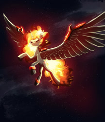Size: 1280x1480 | Tagged: safe, artist:justgaduh, character:daybreaker, character:princess celestia, species:alicorn, species:pony, g4, big wings, female, fiery mane, flying, glowing mane, mare, solo, spread wings, three quarter view, wing armor, wings