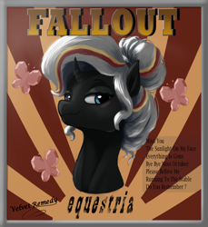 Size: 1600x1750 | Tagged: safe, artist:justgaduh, oc, oc only, oc:velvet remedy, species:pony, species:unicorn, fallout equestria, g4, bust, crossover, element of kindness, fallout, female, horn, looking at you, mare, poster, text, three quarter view, unicorn oc