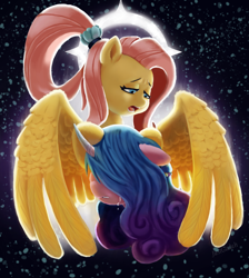 Size: 1700x1900 | Tagged: safe, artist:justgaduh, character:fluttershy, character:izzy moonbow, species:pegasus, species:pony, species:unicorn, g4, g5, crying, duo, female, gradient hair, hair over eyes, mare, multicolored hair, older, older fluttershy, open mouth, sad, signature, spread wings, wings