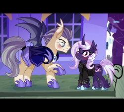 Size: 3054x2750 | Tagged: safe, artist:spookyle, oc, oc only, oc:night shield, oc:spectra, species:bat pony, species:pony, species:unicorn, g4, bat pony oc, blushing, clothing, female, hoof shoes, hybrid, looking at each other, male, mare, night, profile, raised hoof, scrunchy face, shoes, spread wings, stallion, three quarter view, unicorn oc, wings