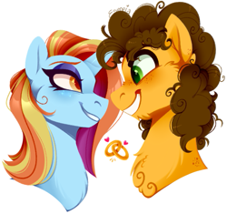 Size: 619x582 | Tagged: safe, artist:esmeia, character:cheese sandwich, character:sassy saddles, species:earth pony, species:pony, species:unicorn, g4, bust, chest fluff, crack shipping, female, looking at each other, looking at someone, male, mare, profile, sassysandwich, shipping, simple background, smiling, stallion, straight, white background