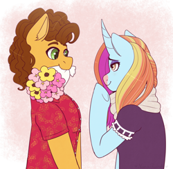 Size: 1280x1245 | Tagged: safe, artist:hahyh, part of a set, character:cheese sandwich, character:sassy saddles, species:earth pony, species:pony, species:unicorn, g4, bouquet, bouquet of flowers, clothing, crack shipping, female, flower, holding, male, mare, mouth hold, sassysandwich, shipping, stallion, straight