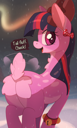 Size: 3024x5000 | Tagged: safe, artist:nookprint, character:twilight sparkle, species:deer, species:reindeer, g4, aurora borealis, bell, bow, bracelet, butt, colored pupils, cute, deerified, deerlight sparkle, dialogue, high res, jewelry, looking at you, looking back, looking back at you, open mouth, original species, plot, profile, raised tail, rear view, reindeerified, smiling, solo, species swap, tail, tail lift, tail wag, tail wiggle, text, twiabetes, twibutt