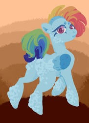 Size: 2550x3509 | Tagged: safe, artist:cherryseas, character:rainbow dash, species:pegasus, species:pony, g4, abstract background, alternate hairstyle, colored pupils, female, mare, raised hoof, solo, wings