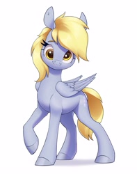 Size: 2615x3315 | Tagged: safe, artist:aquaticvibes, character:derpy hooves, species:pegasus, species:pony, g4, colored eyebrows, cute, cutie mark, derpabetes, eyebrows, eyelashes, female, folded wings, hooves, looking at you, mare, one hoof raised, simple background, smiling, solo, strabismus, tail, white background, wings