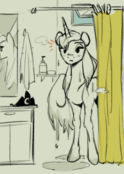 Size: 514x720 | Tagged: safe, artist:cadillacdynamite, character:princess luna, species:alicorn, species:pony, g4, blushing, crown, eyebrows, female, jewelry, limited palette, mare, missing accessory, regalia, selective color, shower, shower curtain, sketch, solo, surprised