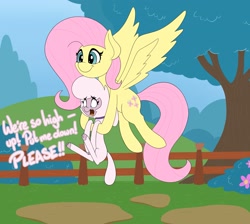Size: 3347x3000 | Tagged: safe, artist:mrneo, community related, character:fluttershy, character:pom lamb, species:pegasus, species:pony, species:sheep, them's fightin' herds, g4, adorable distress, cloven hooves, crossover, cute, dialogue, duo, duo female, female, females only, fence, flying, holding, hooves, lamb, mare, open mouth, scared, spread wings, three quarter view, tree, wings