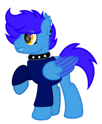 Size: 2715x3301 | Tagged: safe, artist:bloomyblue, oc, oc:bloomy blue, species:bat pony, species:pegasus, species:pony, choker, clothing, colored wings, fangs, hybrid, jewelry, male, multicolored wings, necklace, piercing, sharp teeth, solo, stallion, sweater, two toned wings, wings