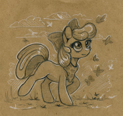 Size: 1092x1031 | Tagged: safe, artist:maytee, character:apple bloom, species:earth pony, species:pony, g4, adorabloom, apple family member, butterfly, clothing, colored pencil drawing, cute, female, filly, monochrome, neckerchief, raised hoof, solo, three quarter view, traditional art, young