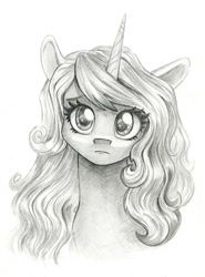 Size: 886x1200 | Tagged: safe, artist:maytee, character:izzy moonbow, species:pony, species:unicorn, g5, my little pony: a new generation, bust, eyebrows, female, full face view, grayscale, looking at you, mare, monochrome, pencil drawing, portrait, solo, traditional art