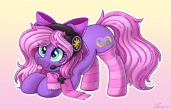 Size: 3859x2480 | Tagged: safe, artist:dandy, oc, oc only, oc:lillybit, species:earth pony, species:pony, blep, bow, clothing, cutie mark, ear fluff, eye clipping through hair, eyebrows, eyebrows visible through hair, face down ass up, female, gradient background, hair bow, headphones, headset, mare, microphone, scarf, simple background, socks, solo, stockings, striped socks, striped stockings, tail, thigh highs, tongue out, ych result