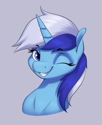 Size: 2272x2766 | Tagged: safe, artist:aquaticvibes, character:minuette, species:pony, species:unicorn, g4, bust, eyebrows, eyebrows visible through hair, eyelashes, female, gray background, horn, looking at you, mare, one eye closed, portrait, simple background, smiling, solo, winking at you
