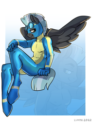 Size: 1427x1889 | Tagged: safe, artist:lummh, part of a set, character:thunderlane, species:anthro, species:pegasus, species:unguligrade anthro, g4, clothing, goggles, looking sideways at you, male, profile, smiling, solo, spread wings, stallion, uniform, wings, wonderbolts, wonderbolts uniform, zoom layer