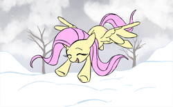 Size: 1181x734 | Tagged: safe, artist:dotkwa, character:fluttershy, species:pegasus, species:pony, g4, cloud, cute, eyes closed, female, flying, mare, open mouth, shyabetes, sky, snow, snowfall, solo, spread wings, tree, wings, winter