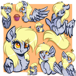 Size: 4000x4000 | Tagged: safe, artist:witchtaunter, character:derpy hooves, species:pegasus, species:pony, g4, bust, chest fluff, chibi, colored pupils, crying, cute, derp, derpabetes, ear fluff, excited, eye clipping through hair, eyes closed, female, fluffy, food, mare, muffin, open mouth, portrait, profile, shoulder fluff, simple background, sleeping, smiling, surprised, three quarter view, underhoof