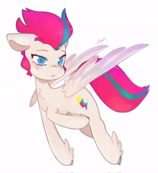 Size: 1864x2048 | Tagged: safe, artist:haichiroo, character:zipp storm, species:pegasus, species:pony, g5, my little pony: a new generation, adorazipp, blushing, chest fluff, colored eyebrows, colored hooves, colored pupils, cute, eyebrows, female, floppy ears, flying, hooves, mare, simple background, solo, spread wings, three quarter view, unshorn fetlocks, white background, winged hooves, wings