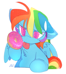 Size: 1637x1831 | Tagged: safe, artist:haichiroo, character:rainbow dash, species:pegasus, species:pony, g4, chest fluff, colored pupils, cute, dashabetes, donut, female, food, hoof hold, mare, one ear down, simple background, solo, tongue out, white background, wings