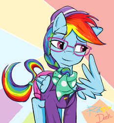 Size: 1232x1328 | Tagged: safe, artist:sallycars, character:rainbow dash, species:pegasus, species:pony, g4, abstract background, alternate hairstyle, braid, clothing, digital art, eyebrows, female, full face view, glasses, hat, hipster, jacket, looking sideways, mare, ms paint, scarf, solo, text, wings