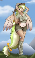 Size: 2444x4096 | Tagged: safe, artist:an-tonio, oc, oc:sylvia evergreen, species:anthro, species:pegasus, species:unguligrade anthro, anthro oc, art trade, belly, belly button, belt, boots, braid, braided pigtails, breasts, busty oc, clothing, cloud, complex background, cute, day, eye clipping through hair, eyelashes, female, hat, hoof boots, looking at you, mare, midriff, ocbetes, open mouth, open smile, pegasus oc, ribbon, shirt, shoes, shorts, sky, smiling, solo, spread wings, wide hips, wings