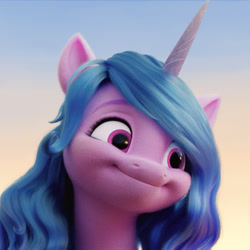 Size: 1349x1349 | Tagged: safe, screencap, character:izzy moonbow, species:pony, species:unicorn, g5, my little pony: a new generation, bust, colored eyebrows, cute, eyebrows, female, gradient hair, horn, izzybetes, mare, multicolored hair, portrait, scrunchy face, solo