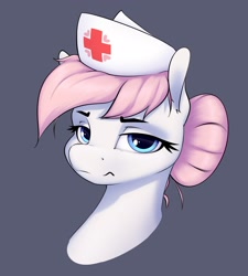 Size: 1988x2207 | Tagged: safe, artist:aquaticvibes, character:nurse redheart, species:earth pony, species:pony, g4, bust, clothing, eyebrows, eyelashes, female, gray background, hair bun, hat, lidded eyes, looking at you, mare, nurse hat, portrait, simple background, solo