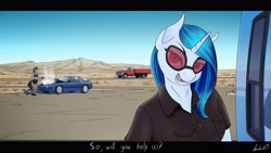 Size: 3840x2160 | Tagged: safe, artist:apocheck13, character:dj pon-3, character:octavia melody, character:vinyl scratch, species:anthro, species:earth pony, species:pony, species:unicorn, g4, bra, car, clothing, day, desert, dialogue, duo, duo female, eyebrows, eyelashes, female, females only, horn, looking at you, mare, open mouth, road, scenery, shoes, shorts, sky, sports bra, tail, text, truck, underwear, vinyl's glasses