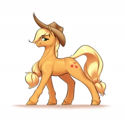 Size: 2394x2373 | Tagged: safe, artist:aquaticvibes, character:applejack, species:earth pony, species:pony, g4, applejack's hat, clothing, colored hooves, cowboy hat, cutie mark, eyebrows, eyebrows visible through hair, eyelashes, female, freckles, hat, hooves, looking sideways at you, mare, ponytail, profile, simple background, solo, stetson, white background