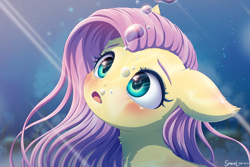 Size: 2700x1800 | Tagged: safe, artist:symbianl, character:fluttershy, species:pegasus, species:pony, g4, blushing, bubble, colored eyebrows, confused, crepuscular rays, cute, digital art, eyebrows, female, floppy ears, flowing mane, green eyes, high res, looking up, mare, ocean, open mouth, pink mane, reflection, signature, solo, sunlight, three quarter view, underwater, water