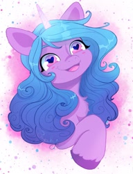 Size: 921x1200 | Tagged: safe, artist:saphira_pone, artist:saphypone, character:izzy moonbow, species:pony, species:unicorn, g5, abstract background, blushing, chest fluff, colored hooves, cute, female, gradient hair, heart eyes, hooves, izzybetes, mare, multicolored hair, solo, three quarter view, unshorn fetlocks, wingding eyes