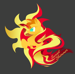 Size: 858x851 | Tagged: safe, artist:hydro-king, character:sunset shimmer, species:pony, species:unicorn, g4, my little pony:equestria girls, cutie mark, female, gray background, majestic, mare, no pupils, profile, raised hoof, simple background, solo, sun, sunshine shimmer